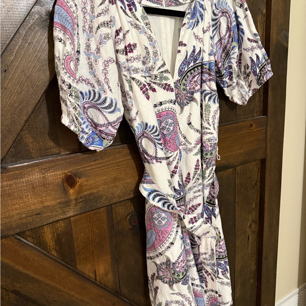 LOFT Cream Paisley Dress with Pink & Blue Accents